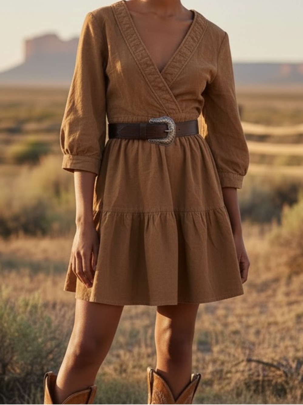 Love Riche light Brown V-Neck Tiered Mini Dress